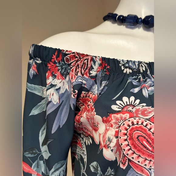 Cherish Blues Pinks Floral Print Short Romper Bell Sleeves Cold Shoulder… - Picture 4 of 12